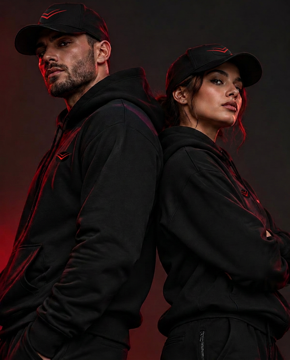 Two models wearing matching black Topnotch jogger sets and caps